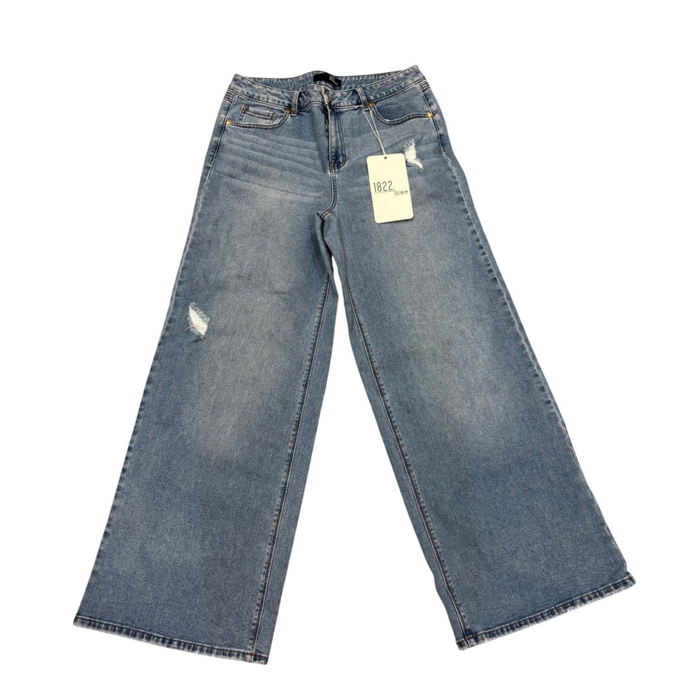 NWT 1822 Denim High Rise Wide Leg Distressed Jeans Medium Wash Blue 10/30